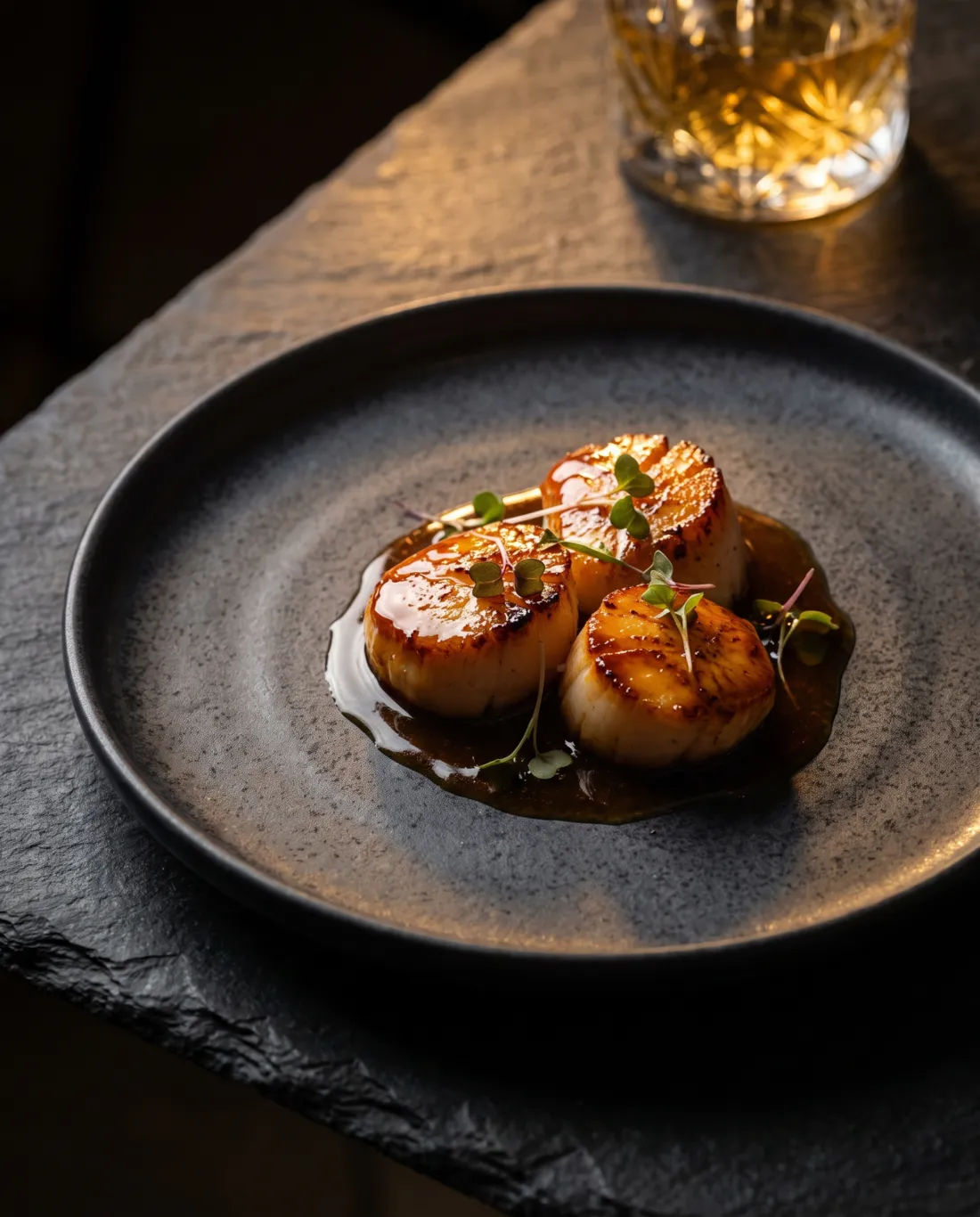Concept example: plated seared scallops on a charcoal plate under dramatic light