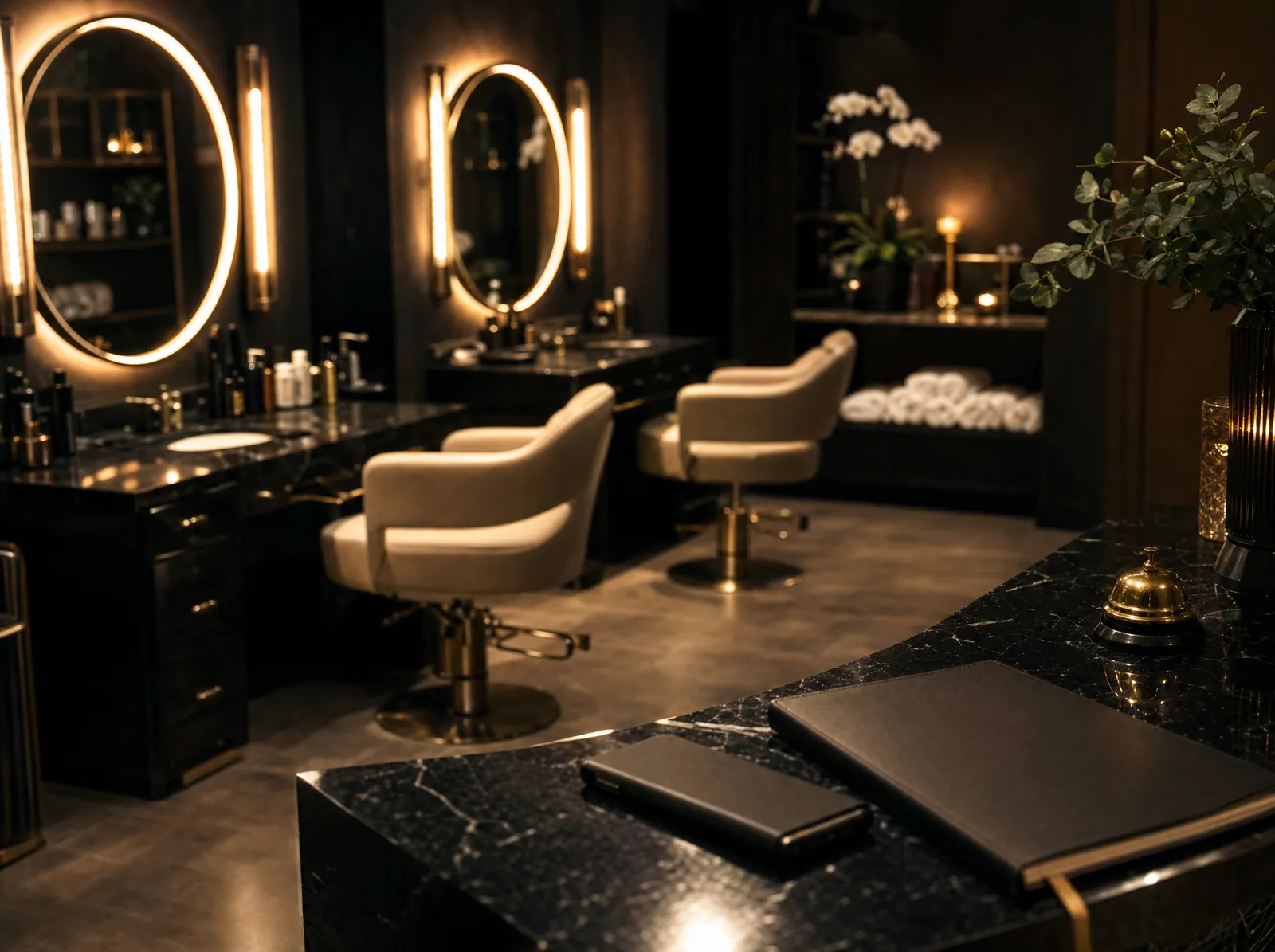 Luxury salon and day spa interior with a styling chair and treatment area
